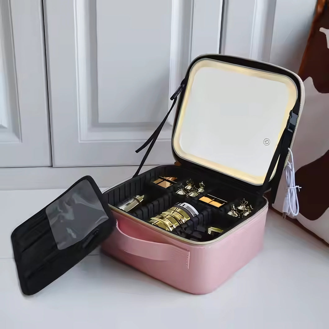 Organizador de maquillaje portátil con espejo LED